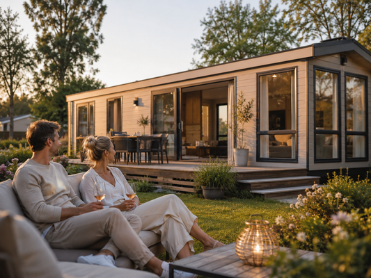 Koppel geniet van hun stacaravan bij zonsondergang