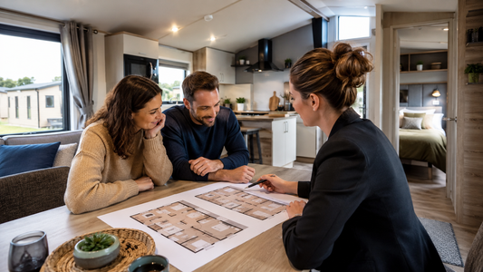 Gezin vergelijkt indelingen van een stacaravan met 2 of 3 slaapkamers