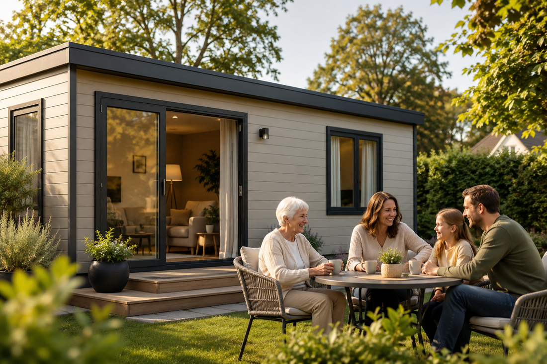 Ouder en familie genieten samen bij een comfortabele mantelzorgwoning