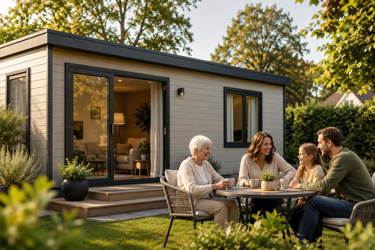 Ouder en familie genieten samen bij een comfortabele mantelzorgwoning
