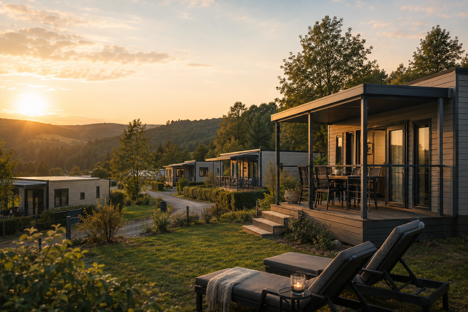 caravans in de ardennen bij zonsondergang